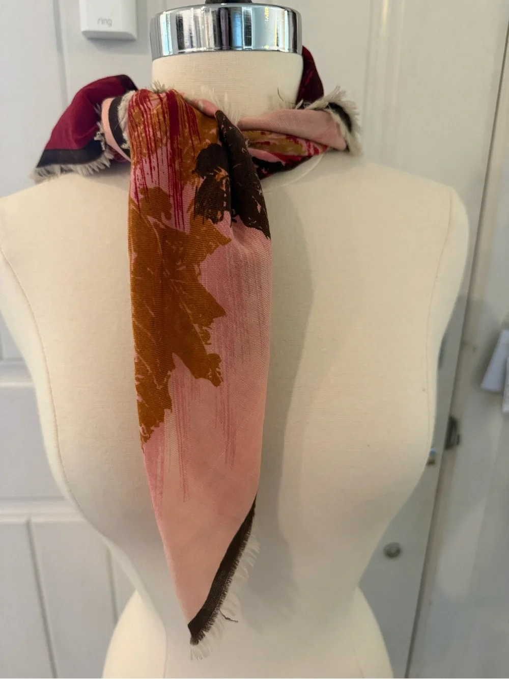 VTG Leaf Print large Square wool scarf 30.5 x 30.5 Pink Burgundy brown mustard